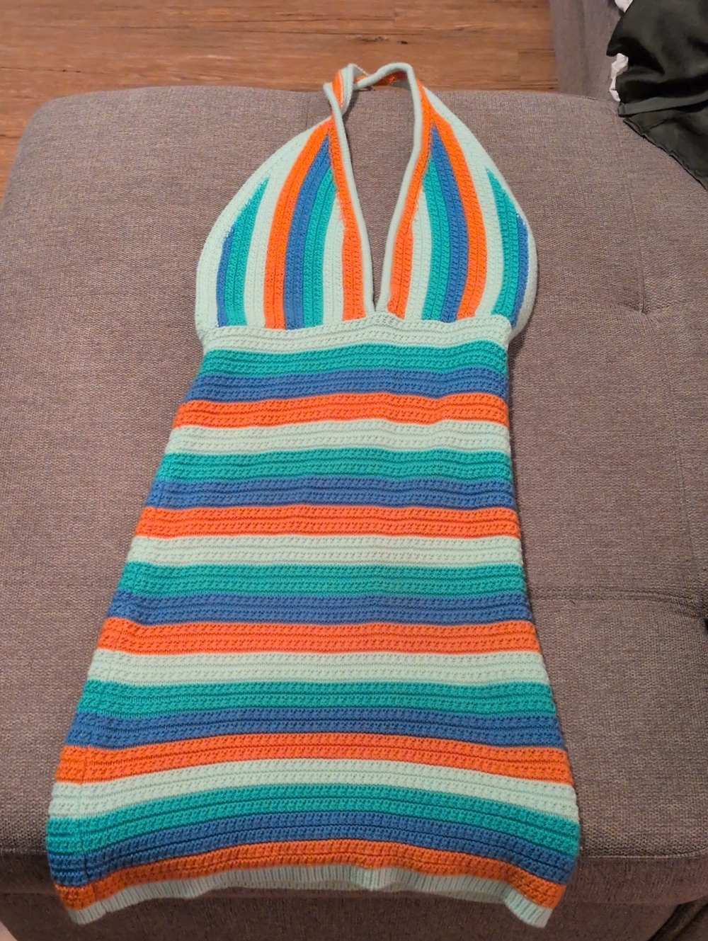 ASOS Striped Crochet Halter Mini Dress in Teal, Orange & Blue
